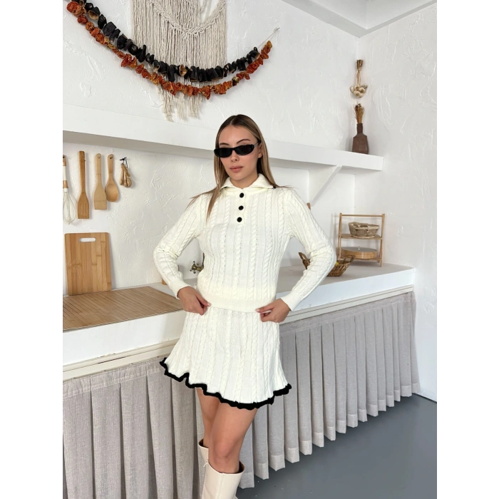 Örme Triko Etekli İkili Set Ekru