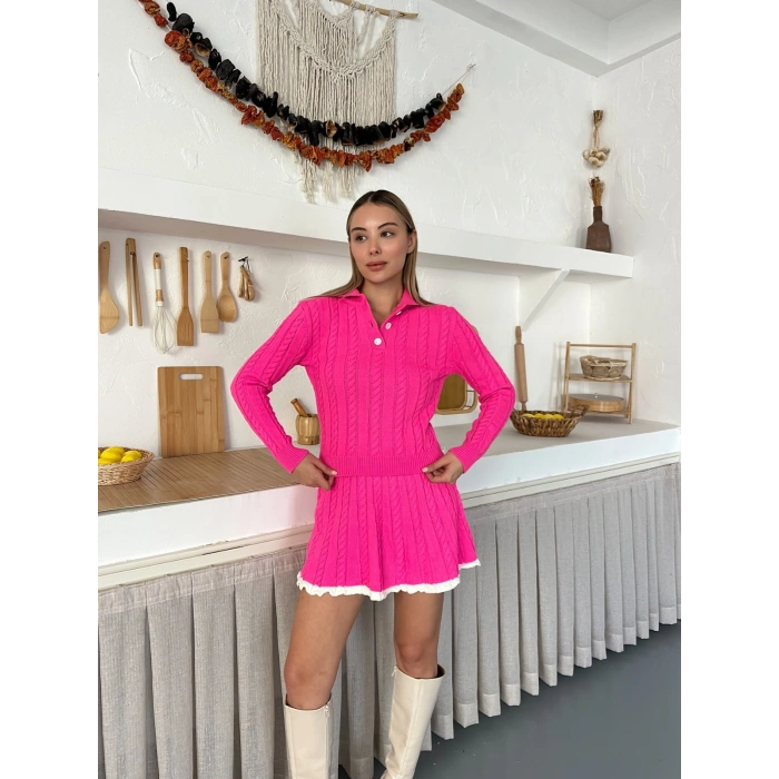 Örme Triko Etekli İkili Set Fuşya