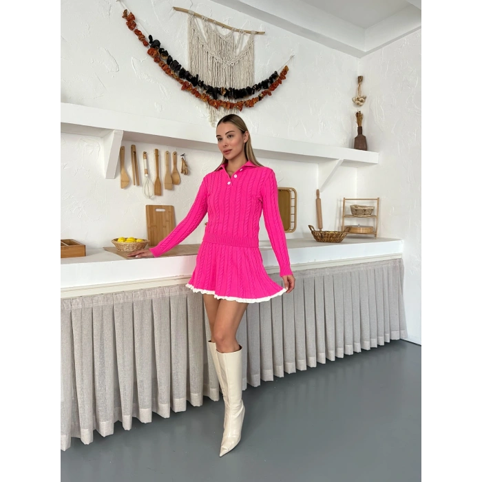 Örme Triko Etekli İkili Set Fuşya