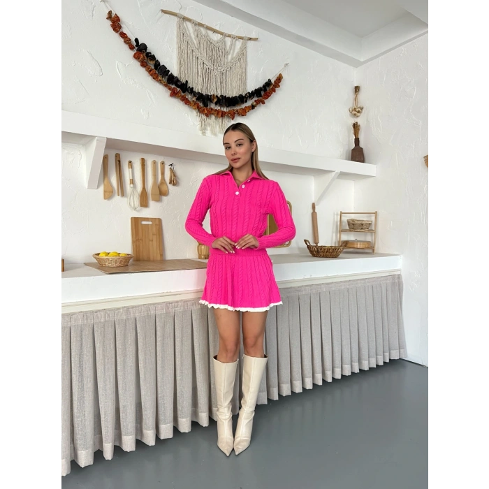 Örme Triko Etekli İkili Set Fuşya