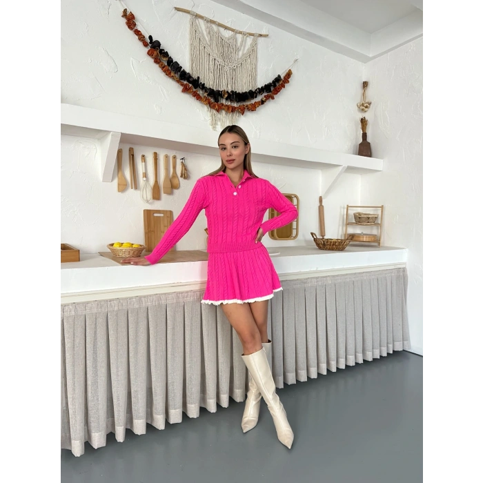 Örme Triko Etekli İkili Set Fuşya