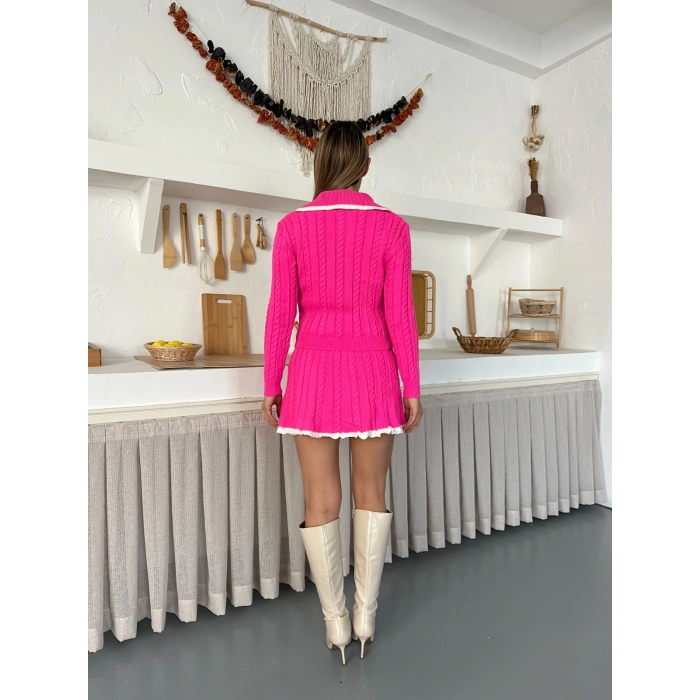Örme Triko Etekli İkili Set Fuşya