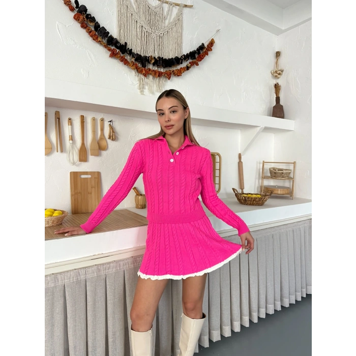 Örme Triko Etekli İkili Set Fuşya