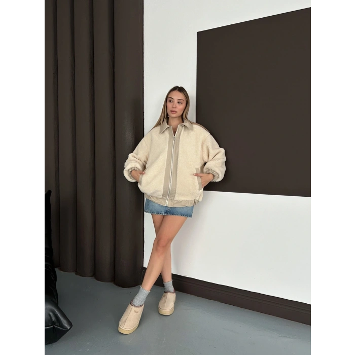 Oversize Salaş Teddy Peluş Ceket Ekru