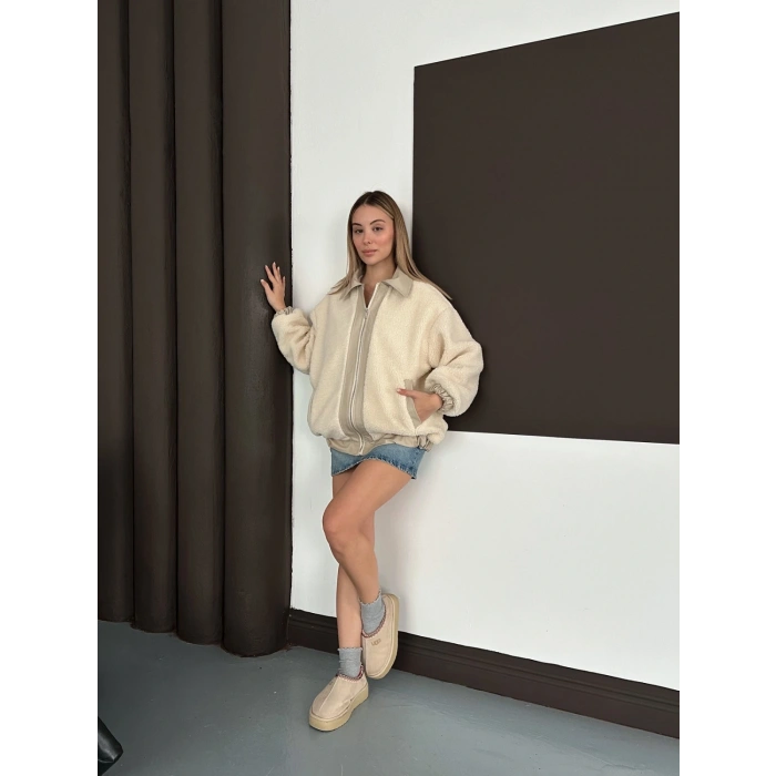 Oversize Salaş Teddy Peluş Ceket Ekru