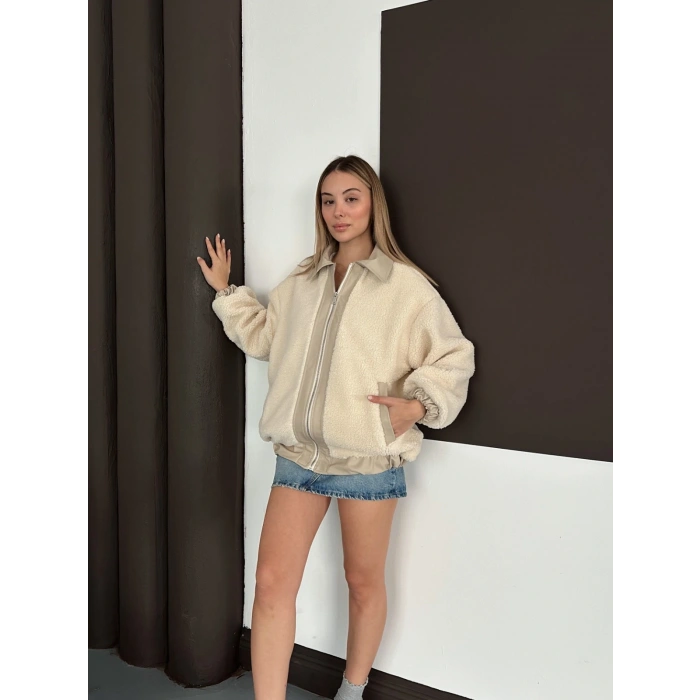 Oversize Salaş Teddy Peluş Ceket Ekru