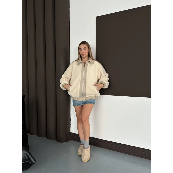 Oversize Salaş Teddy Peluş Ceket Ekru