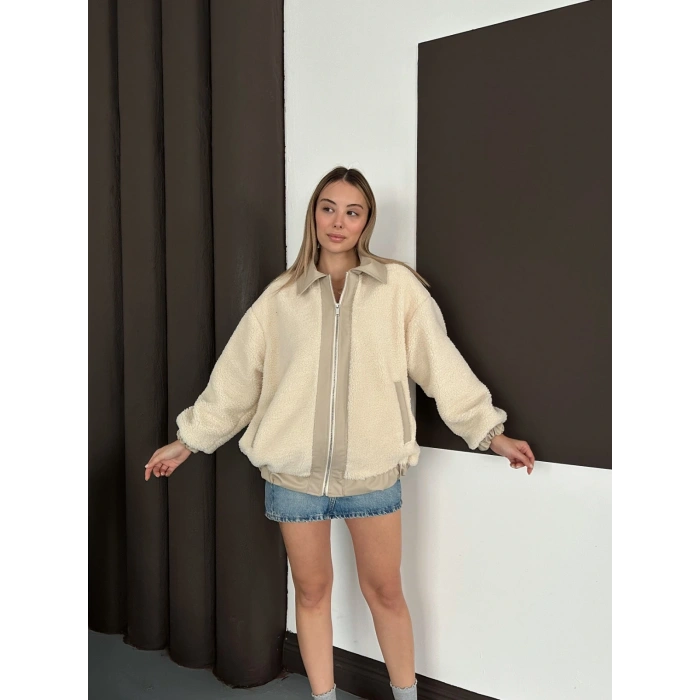 Oversize Salaş Teddy Peluş Ceket Ekru