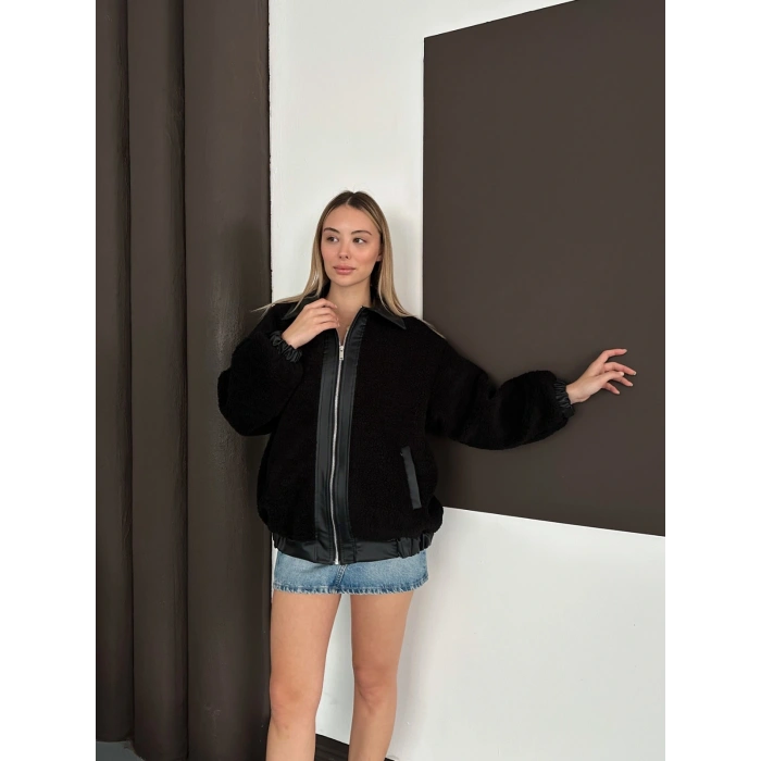 Oversize Salaş Teddy Peluş Ceket Siyah