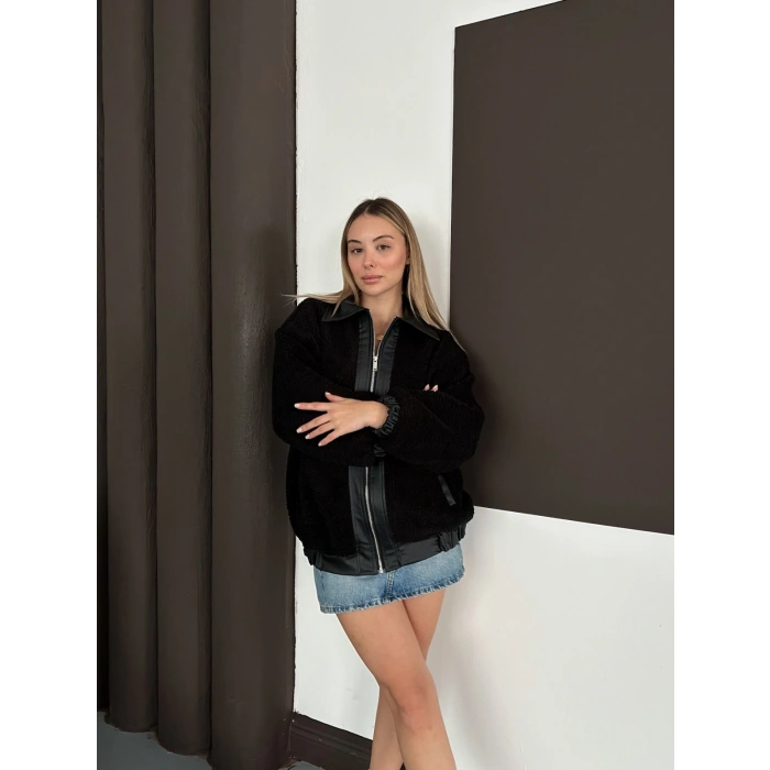 Oversize Salaş Teddy Peluş Ceket Siyah