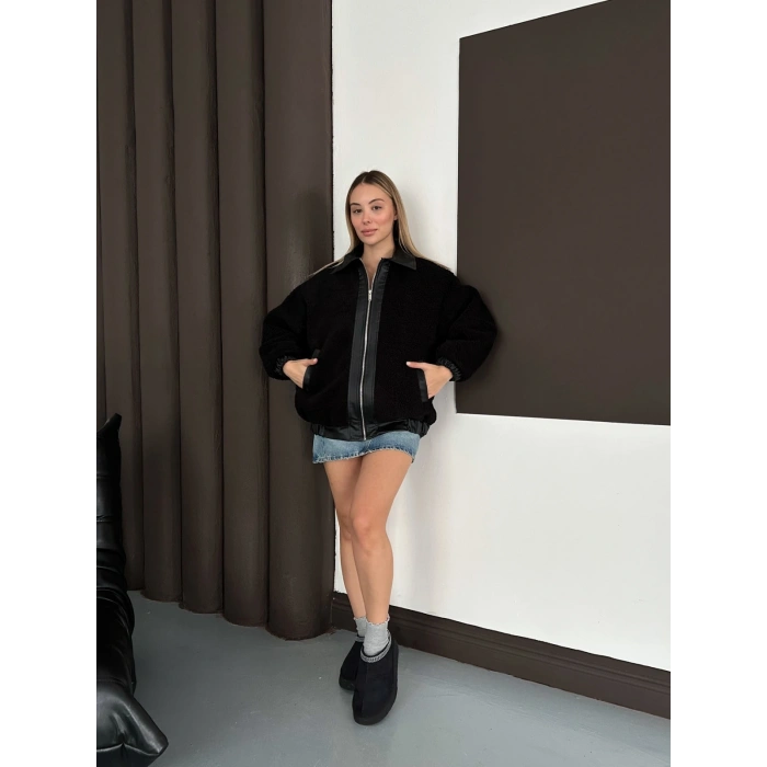 Oversize Salaş Teddy Peluş Ceket Siyah