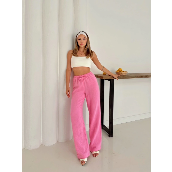 Pamuklu keten Palazzo Pantolon Pembe