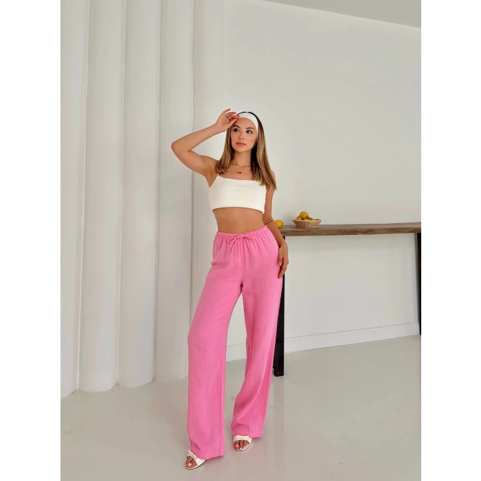 Pamuklu keten Palazzo Pantolon Pembe