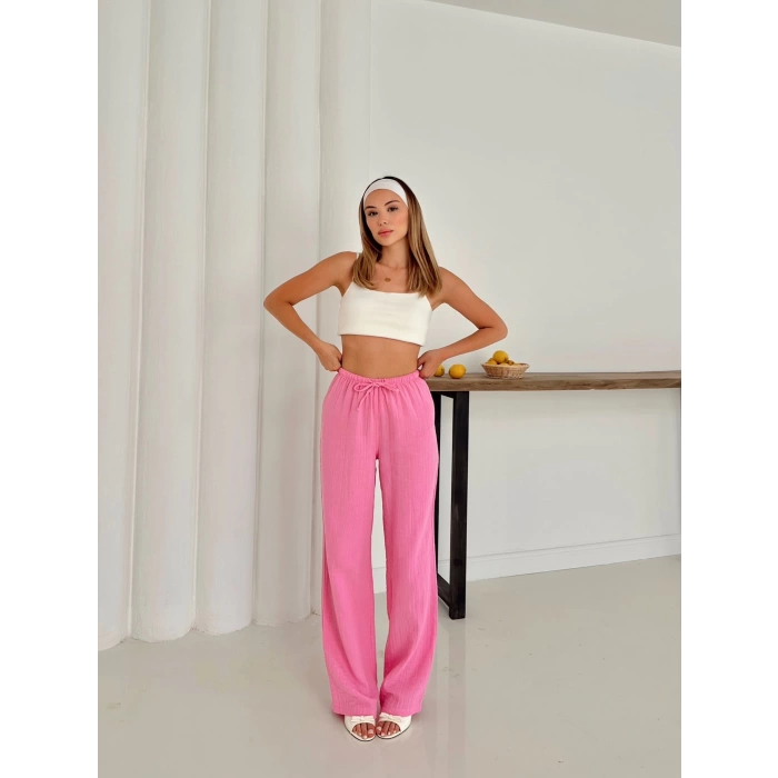 Pamuklu keten Palazzo Pantolon Pembe