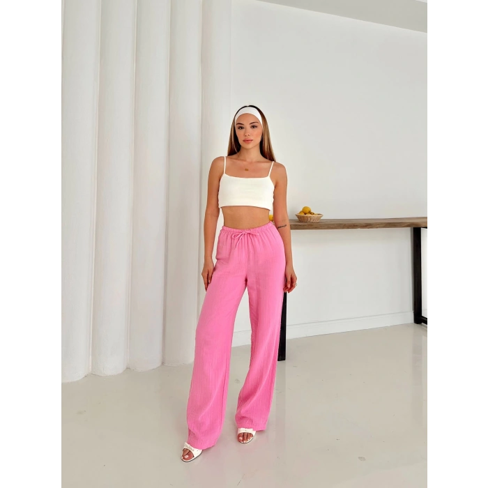 Pamuklu keten Palazzo Pantolon Pembe