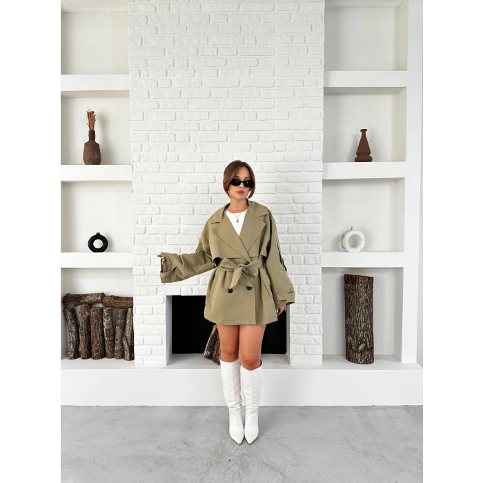 Parça Detalı Oversize Trençkot Haki