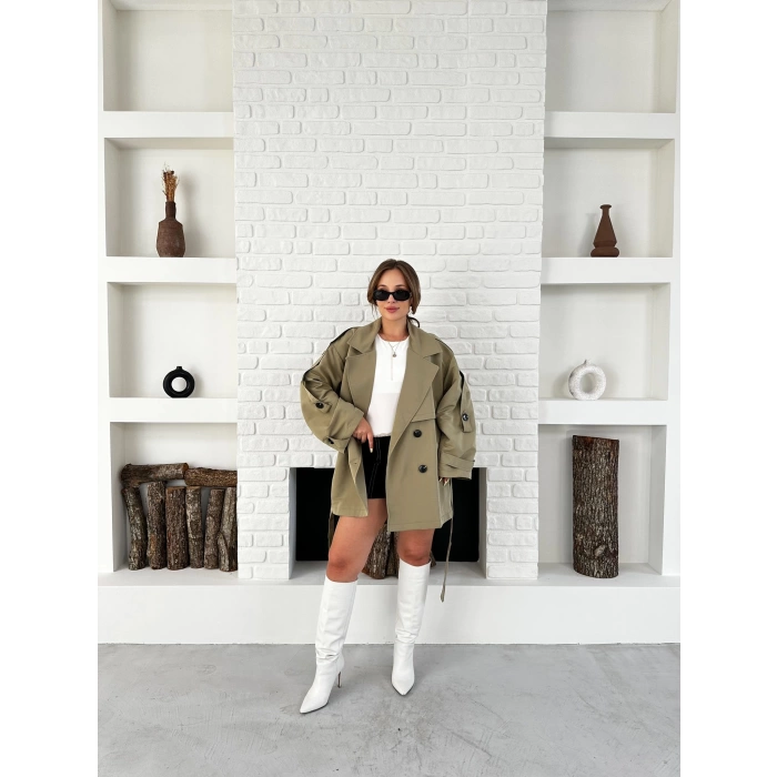 Parça Detalı Oversize Trençkot Haki