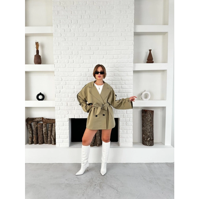Parça Detalı Oversize Trençkot Haki