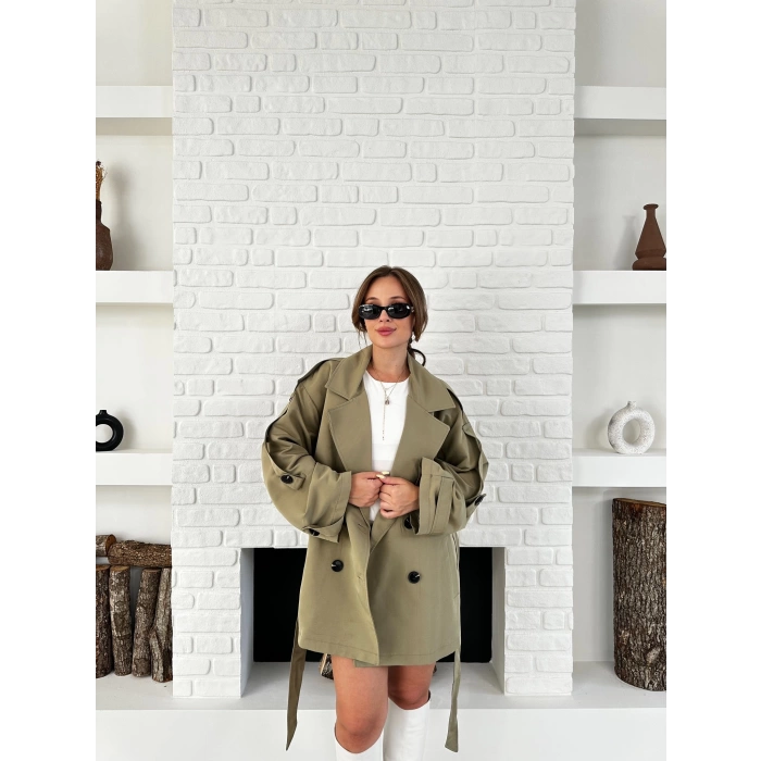 Parça Detalı Oversize Trençkot Haki