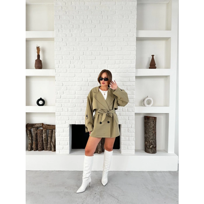 Parça Detalı Oversize Trençkot Haki