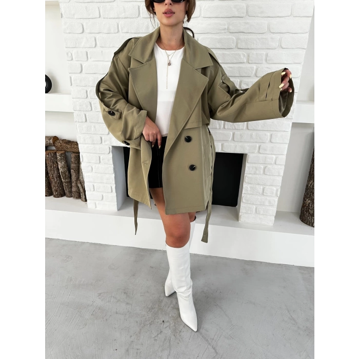 Parça Detalı Oversize Trençkot Haki