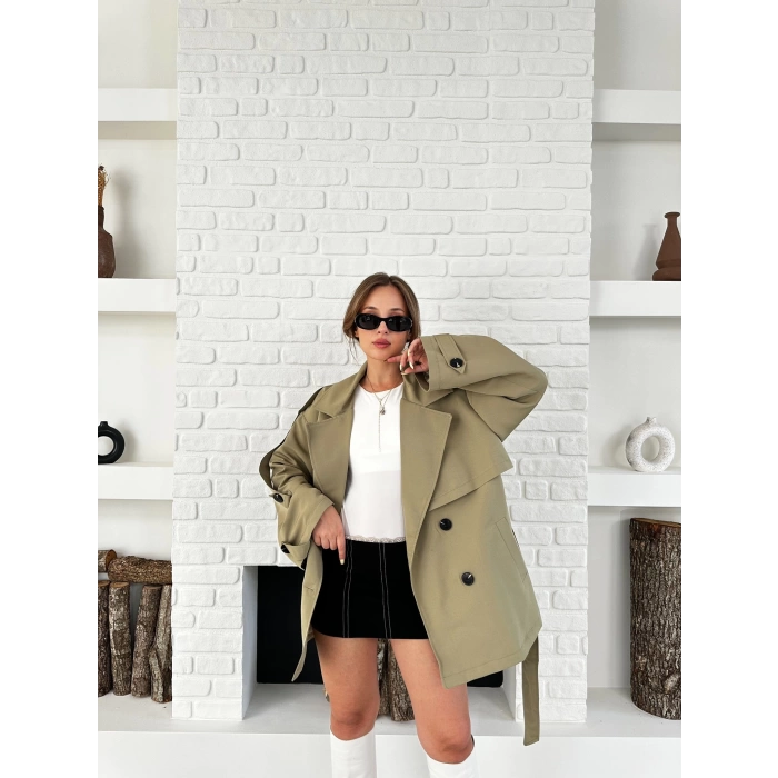Parça Detalı Oversize Trençkot Haki