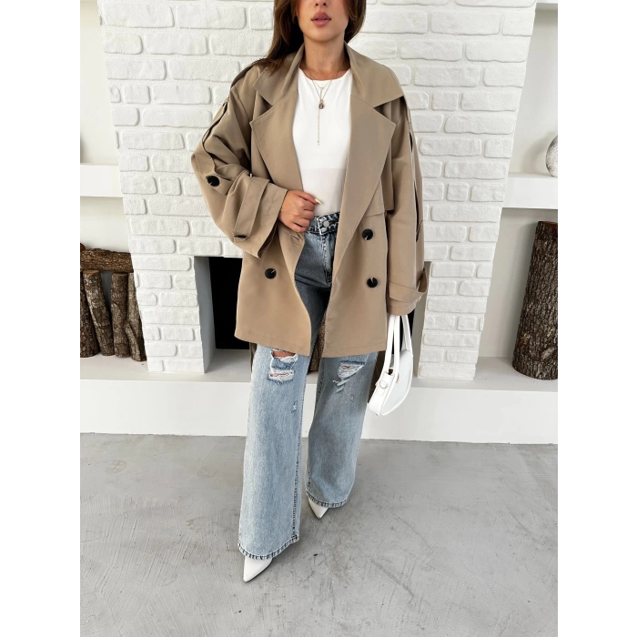 Parça Detalı Oversize Trençkot Krem