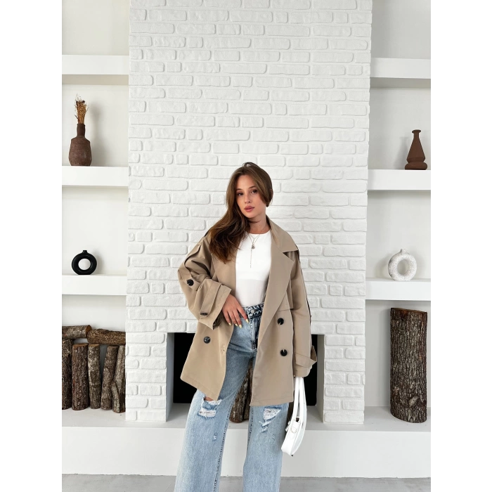 Parça Detalı Oversize Trençkot Krem
