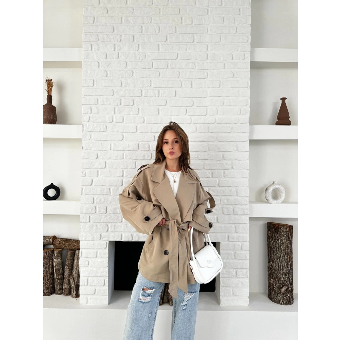 Parça Detalı Oversize Trençkot Krem