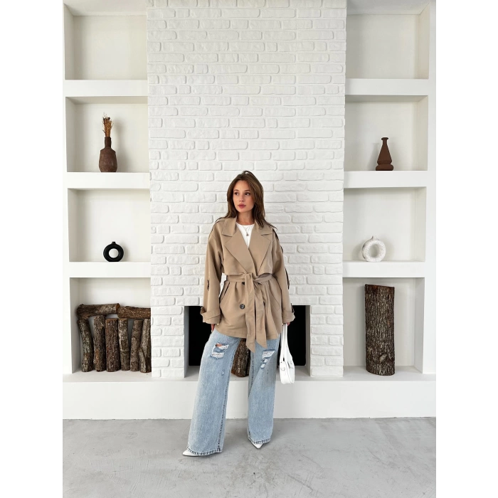 Parça Detalı Oversize Trençkot Krem