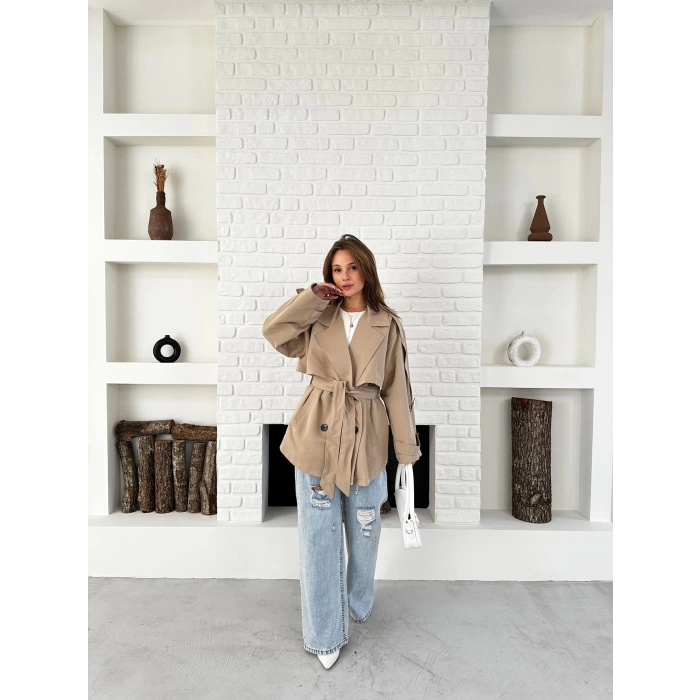 Parça Detalı Oversize Trençkot Krem