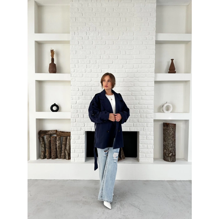 Parça Detalı Oversize Trençkot Lacivert