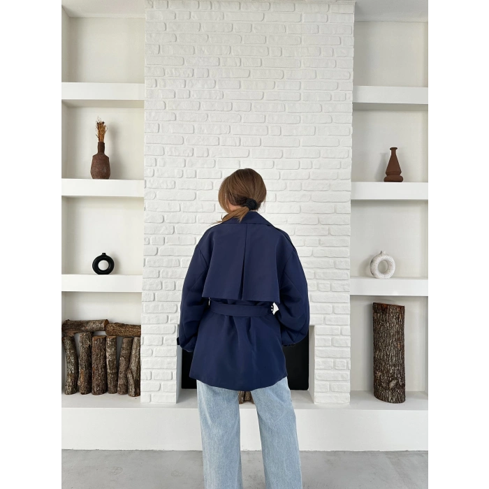 Parça Detalı Oversize Trençkot Lacivert