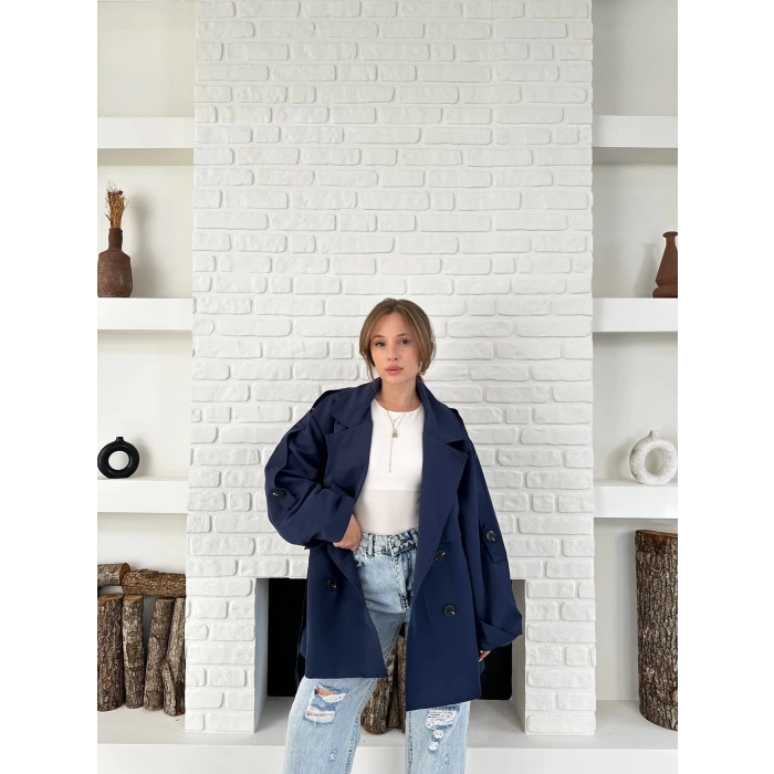 Parça Detalı Oversize Trençkot Lacivert