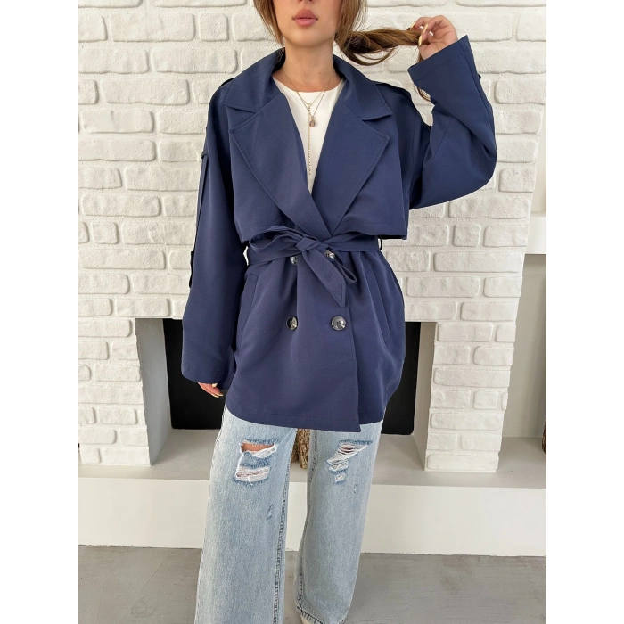 Parça Detalı Oversize Trençkot Lacivert