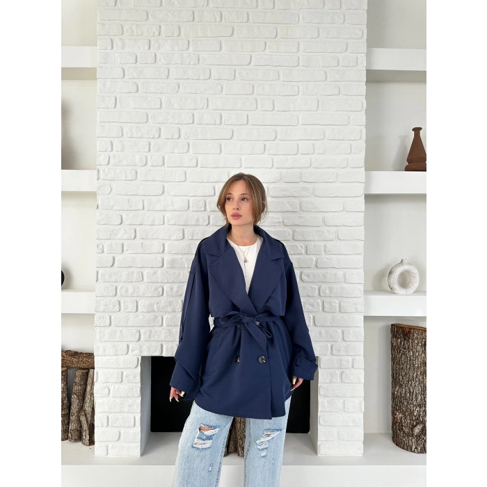 Parça Detalı Oversize Trençkot Lacivert