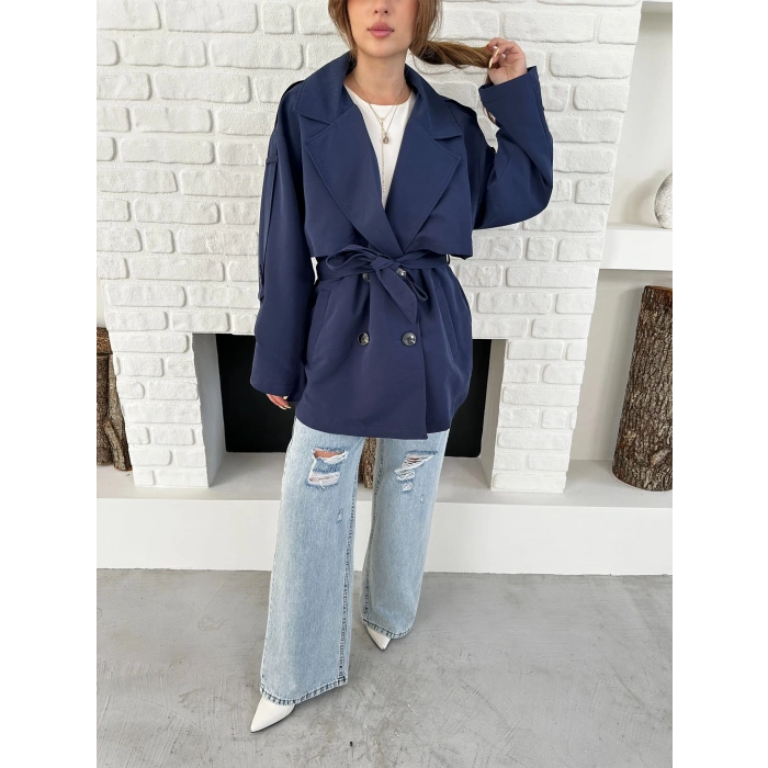 Parça Detalı Oversize Trençkot Lacivert