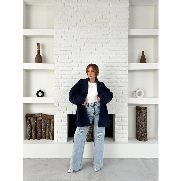 Parça Detalı Oversize Trençkot Lacivert