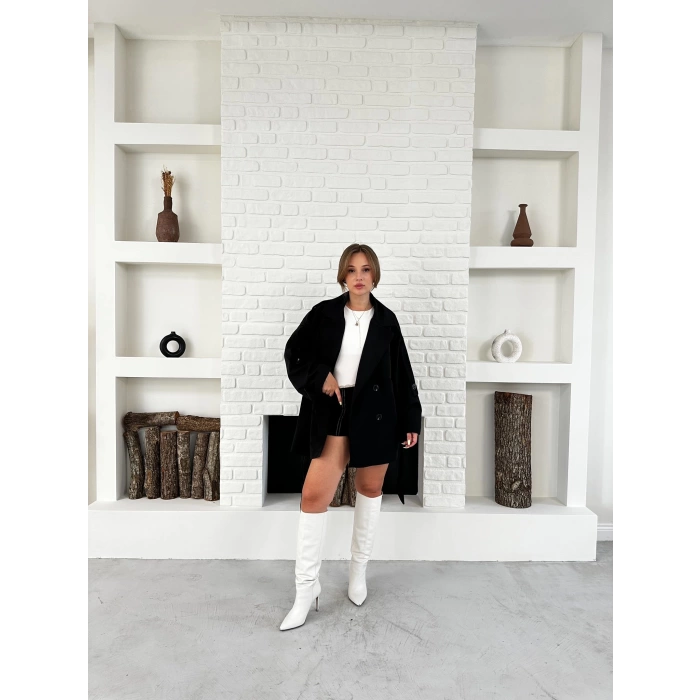 Parça Detalı Oversize Trençkot Siyah