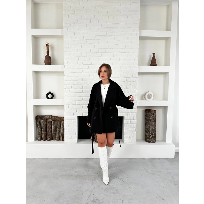 Parça Detalı Oversize Trençkot Siyah