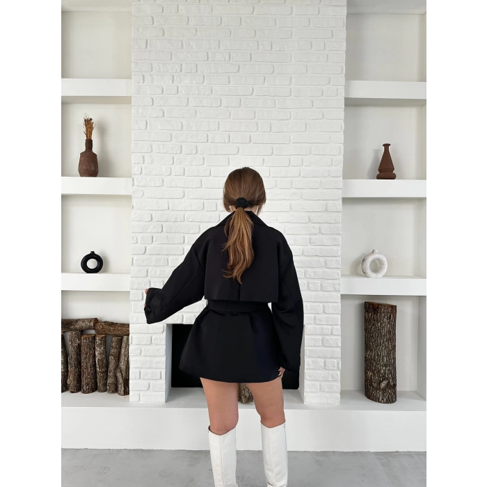 Parça Detalı Oversize Trençkot Siyah