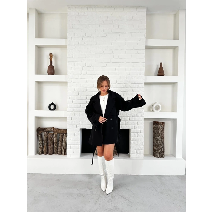Parça Detalı Oversize Trençkot Siyah