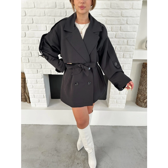 Parça Detalı Oversize Trençkot Siyah