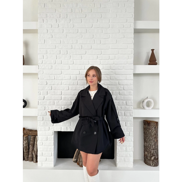 Parça Detalı Oversize Trençkot Siyah