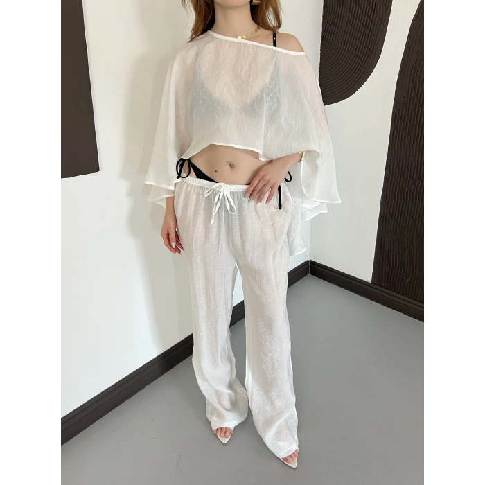 Pelerin Bluz Pantolon Plaj Takım Beyaz