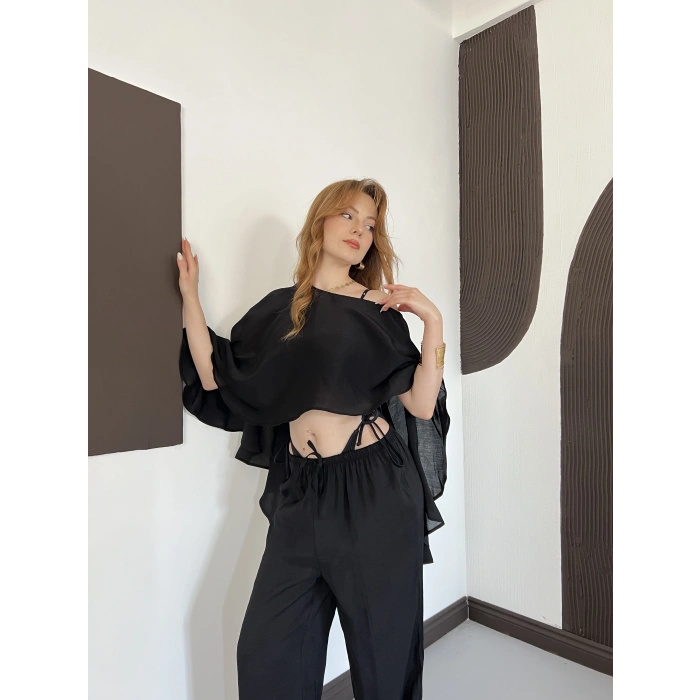Pelerin Bluz Pantolon Plaj Takım Siyah
