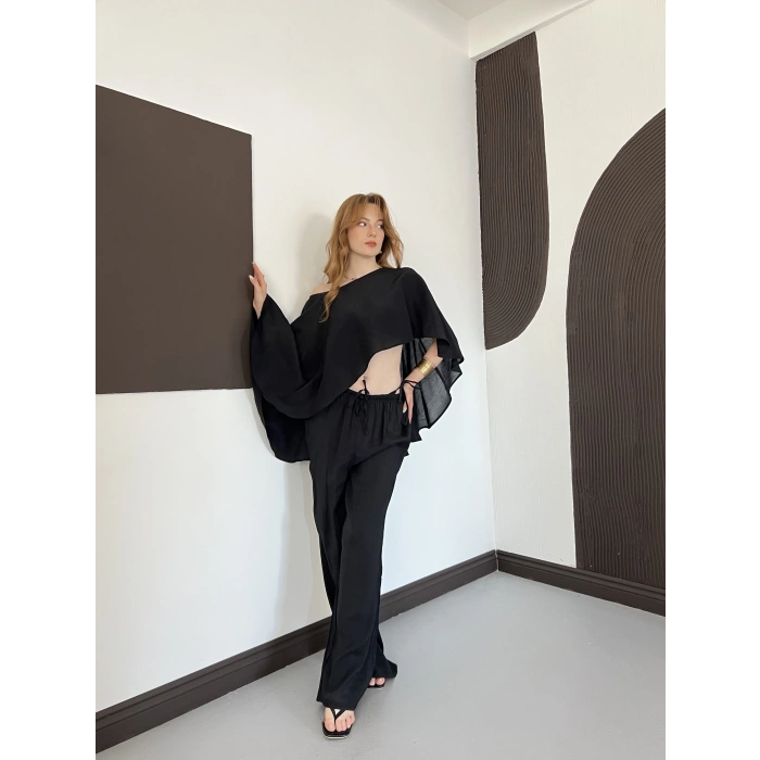 Pelerin Bluz Pantolon Plaj Takım Siyah
