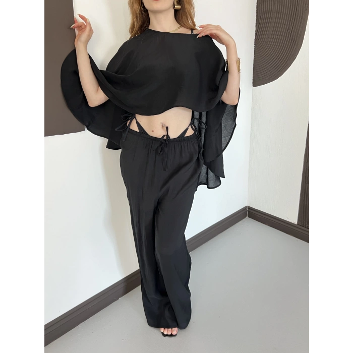 Pelerin Bluz Pantolon Plaj Takım Siyah