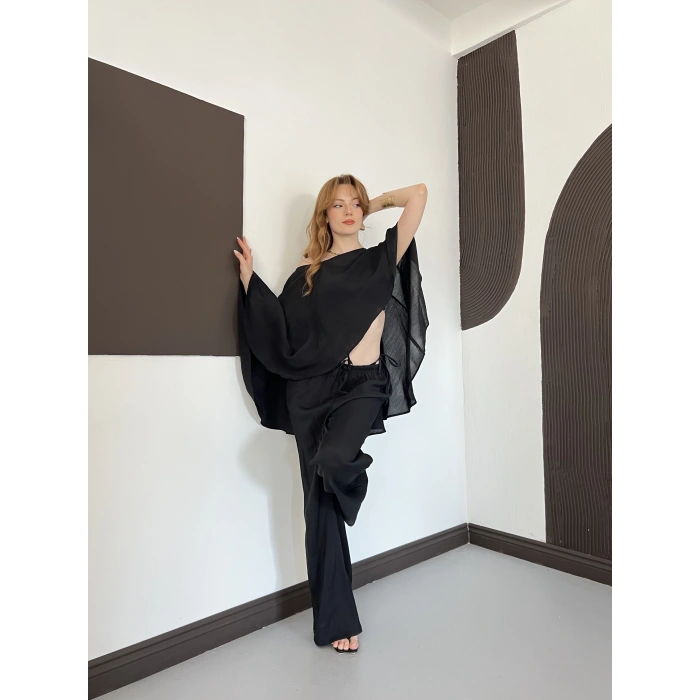 Pelerin Bluz Pantolon Plaj Takım Siyah