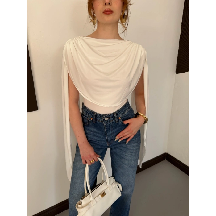 Pelerin Detaylı Body Suit Beyaz